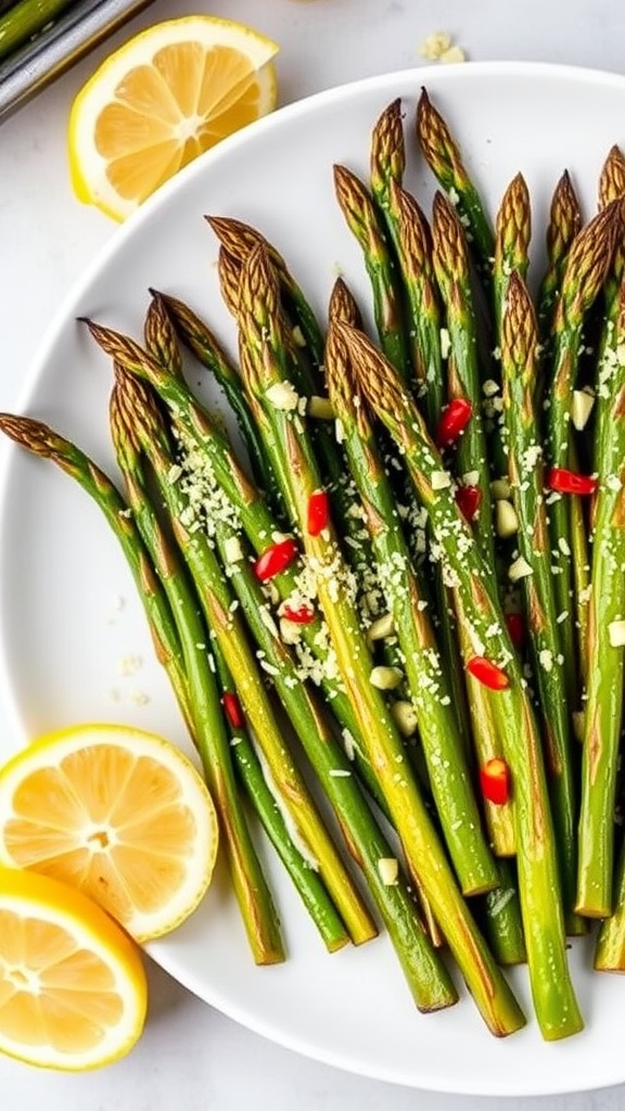 Garlic parmesan roasted asparagus on a white plate garnished with lemon wedges.